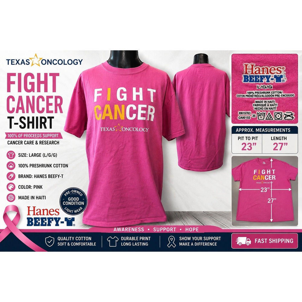 Hanes Beefy-T Fight Cancer Texas Oncology Pink Graphic T-Shirt Large